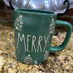 Rae Dunn green MERRY 19.5 oz mug - white textured trees all over - BRAND NEW